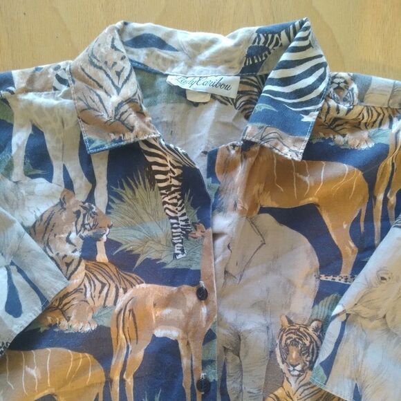 Vintage Lady Caribou Jungle Animal Zebra Elephant Tiger Hawaiian Shirt - Picture 1 of 7